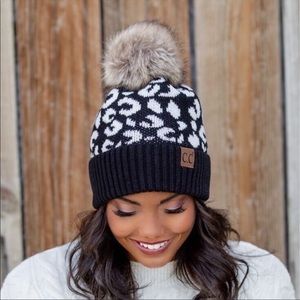 C.C. Leopard print knit beanie, faux fur pom, black/white
